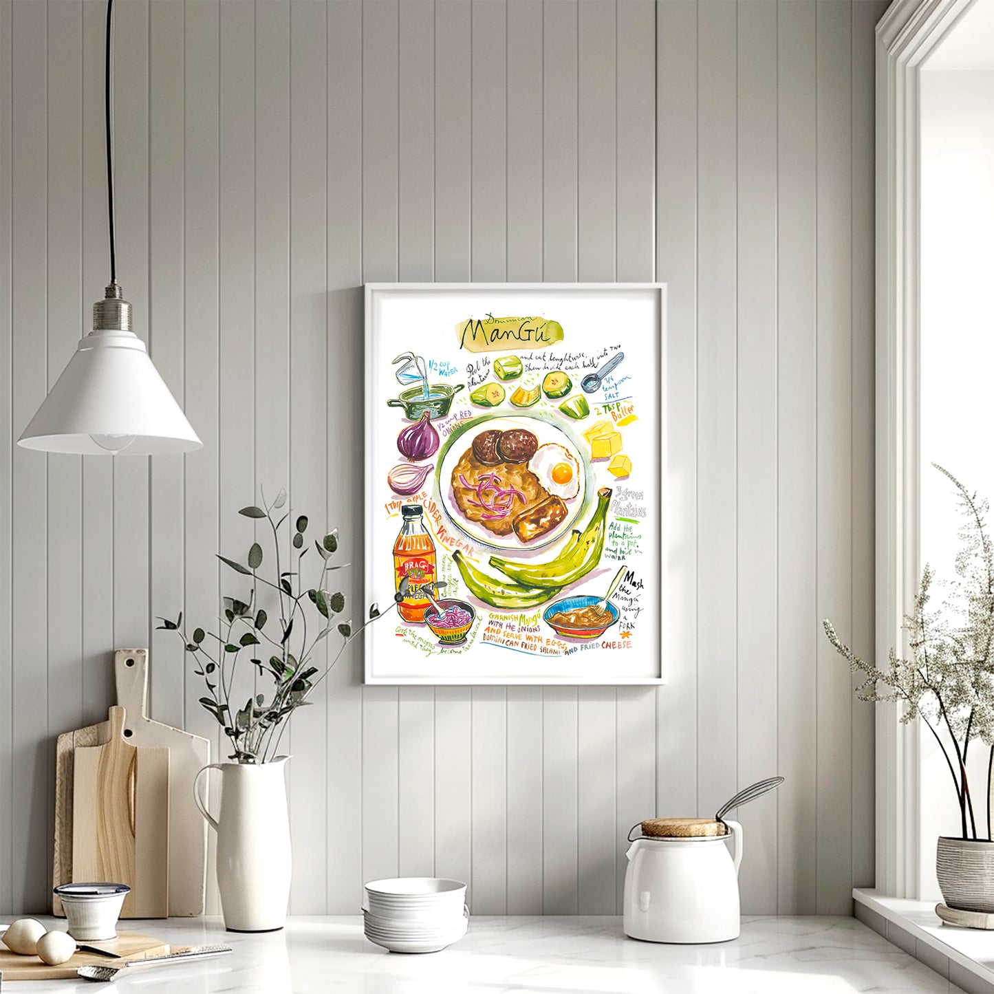 Dominican Mangu recipe fine art print in watercolor showing the ingredients and the dish as well as handwritten instructions in English.