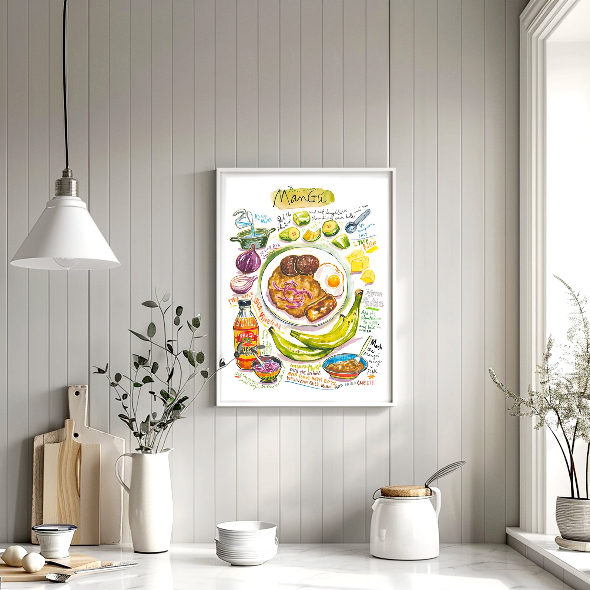 Dominican Mangu recipe fine art print in watercolor showing the ingredients and the dish as well as handwritten instructions in English.