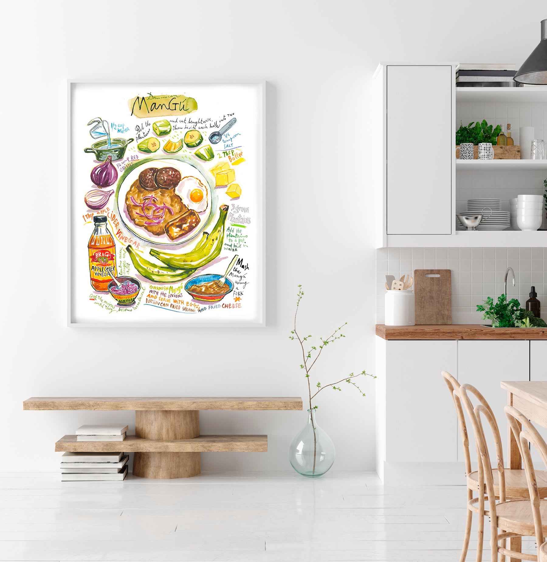 Dominican Mangu recipe fine art print in watercolor showing the ingredients and the dish as well as handwritten instructions in English.