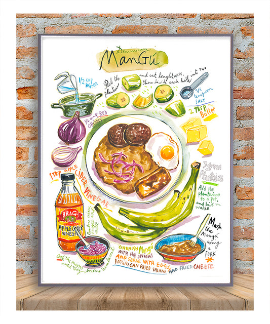 Dominican Mangu recipe fine art print in watercolor showing the ingredients and the dish as well as handwritten instructions in English.