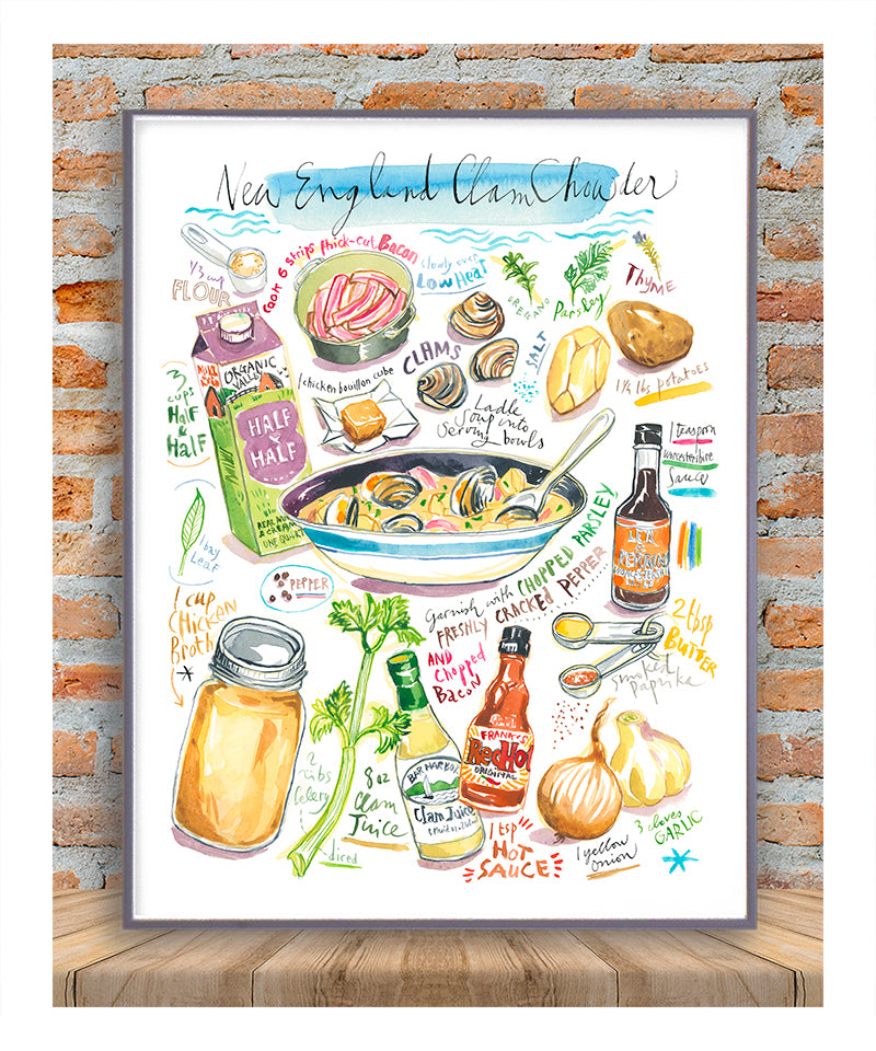 New England clam chowder recipe fine art print in watercolor showing the ingredients and the dish as well as handwritten instructions in English.
