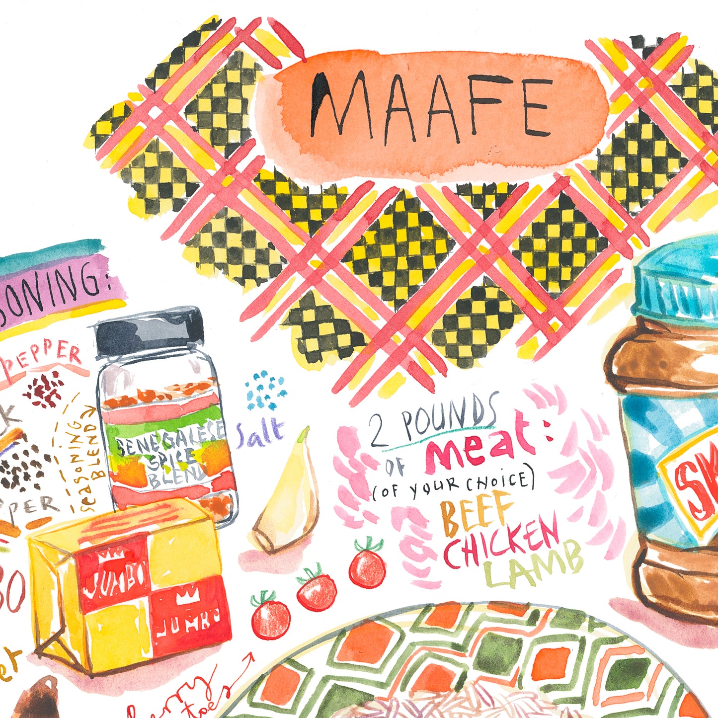 Maafe recipe. Original watercolor painting