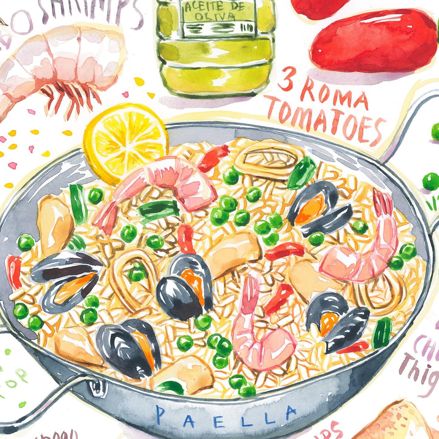 Spanish Paella recipe. Original watercolor painting