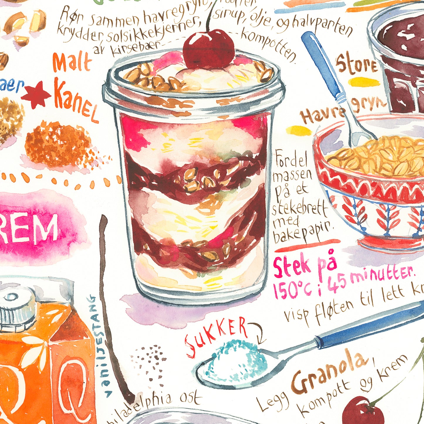 Norwegian Granola with Cherry Compote recipe poster - Granola med Kirsebaerkompott