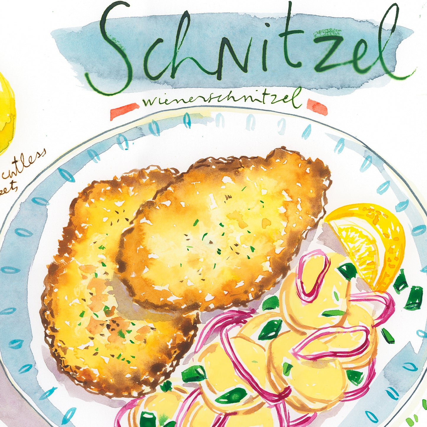 German Schnitzel recipe. Original watercolor painting
