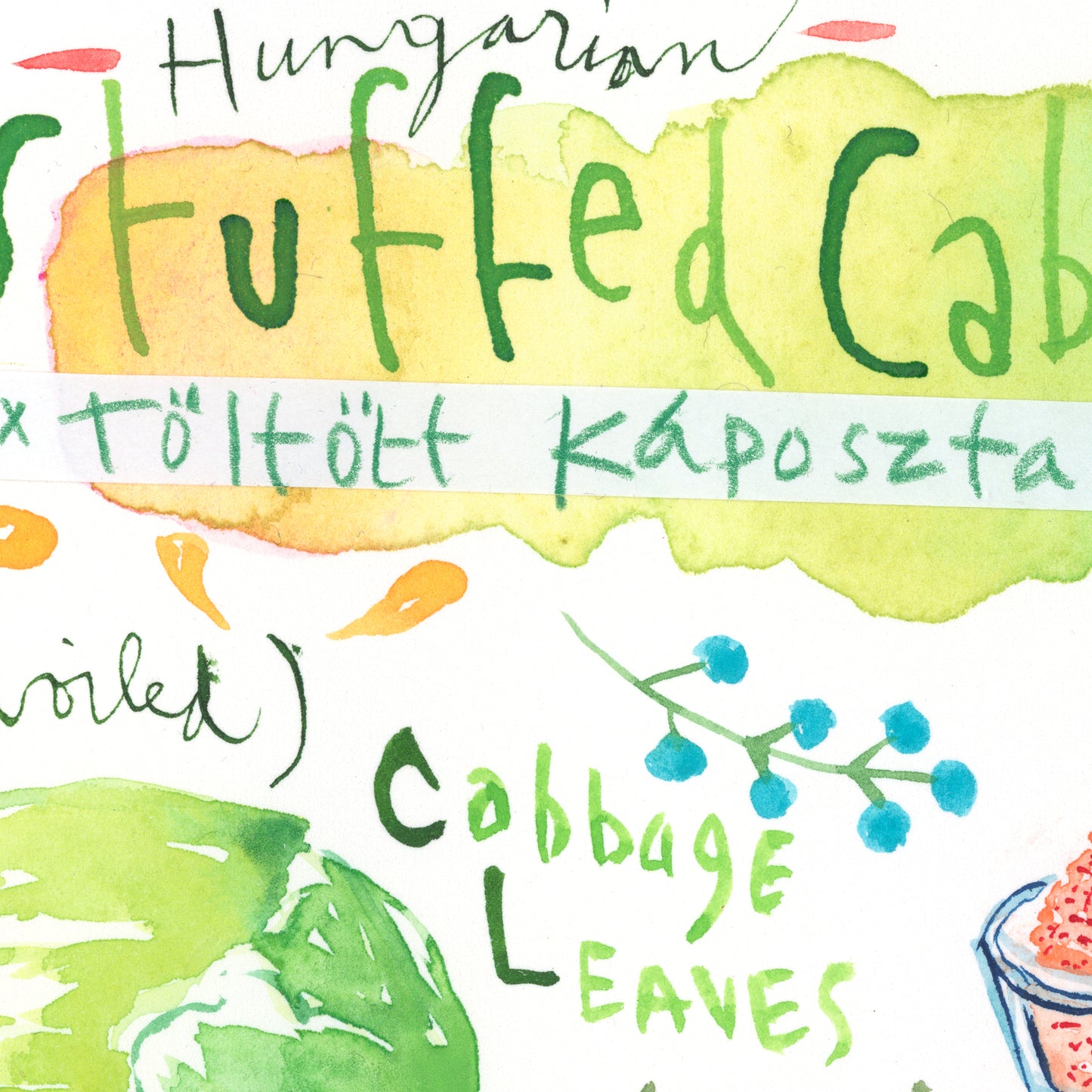 Hungarian Stuffed Cabbage Leaves recipe. Original watercolor painting