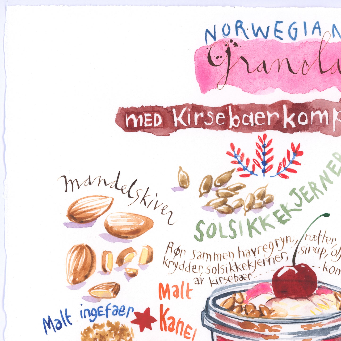 Norwegian Granola recipe. Original watercolor painting
