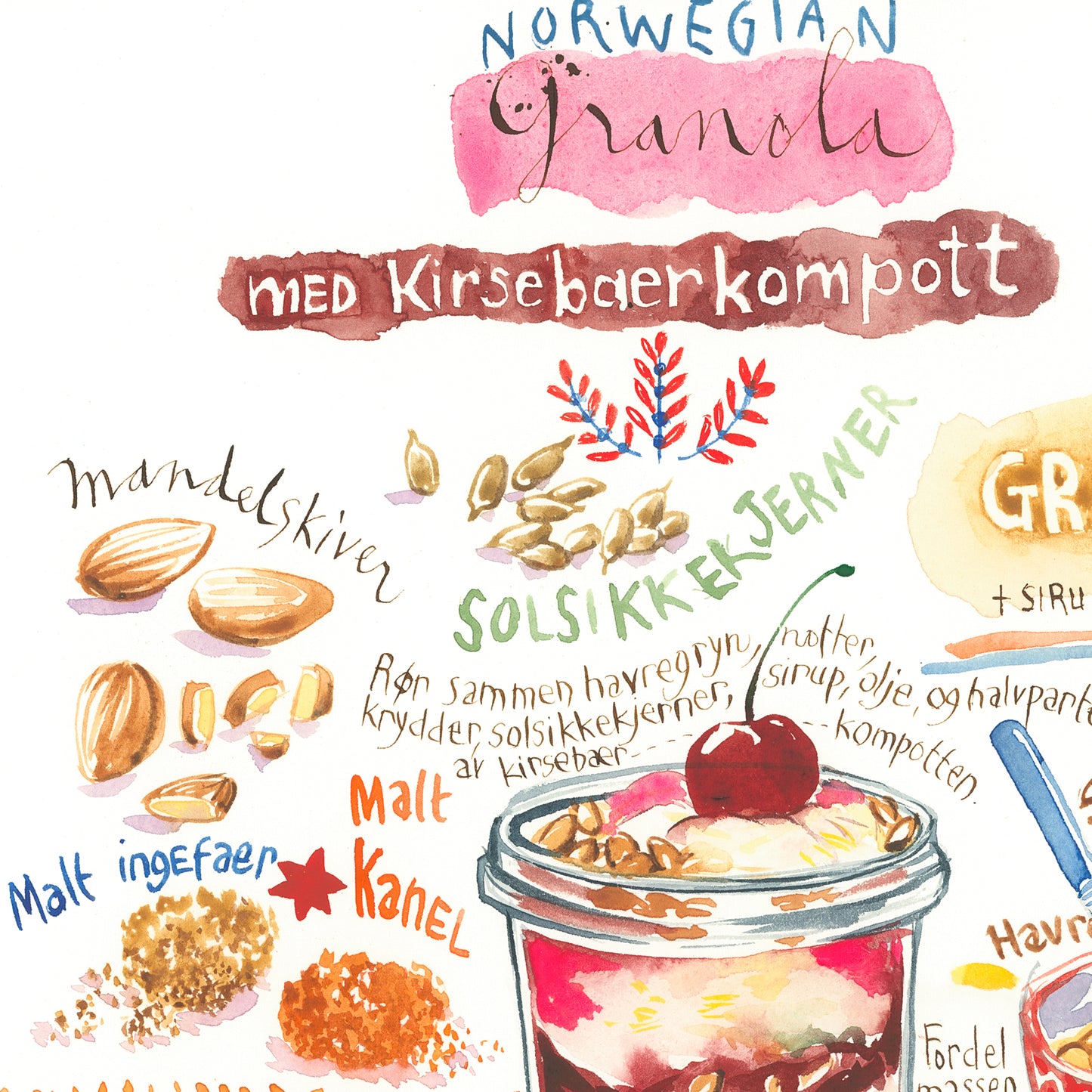 Norwegian Granola with Cherry Compote recipe poster - Granola med Kirsebaerkompott