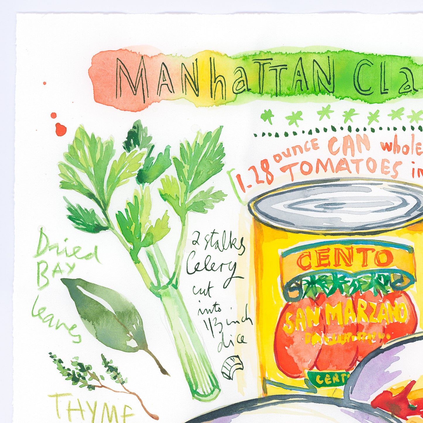 Manhattan Clam Chowder recipe. Original watercolor painting