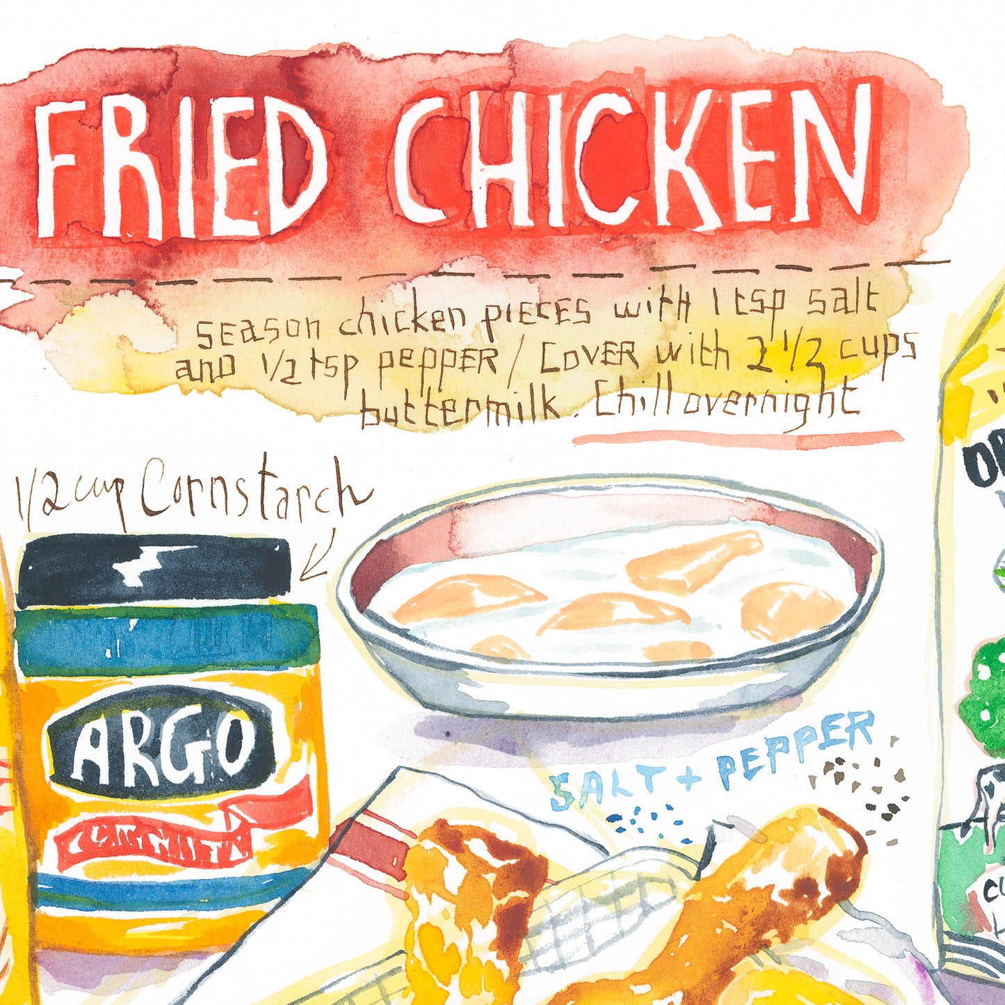 Fried Chicken recipe. Original watercolor painting