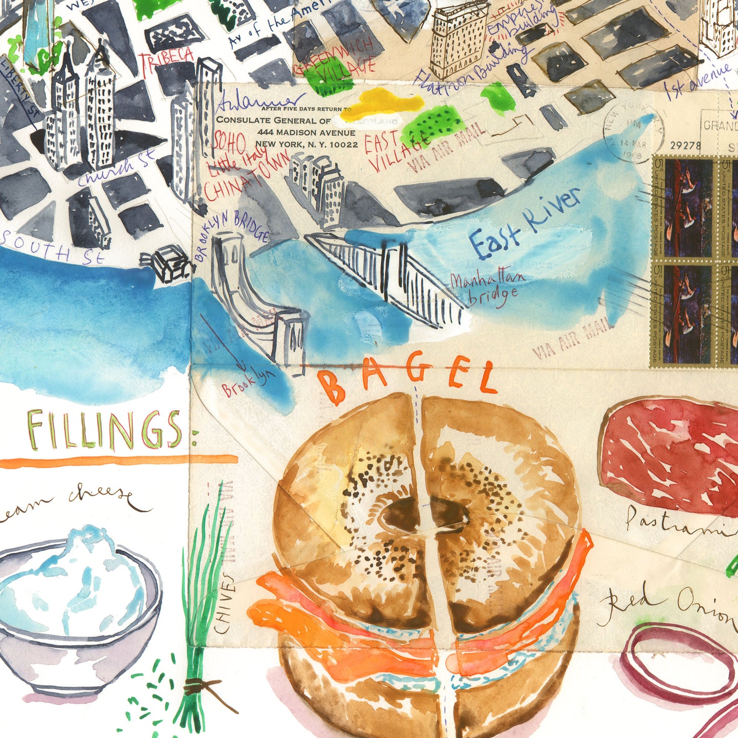 Manhattan watercolor map with bagel recipe