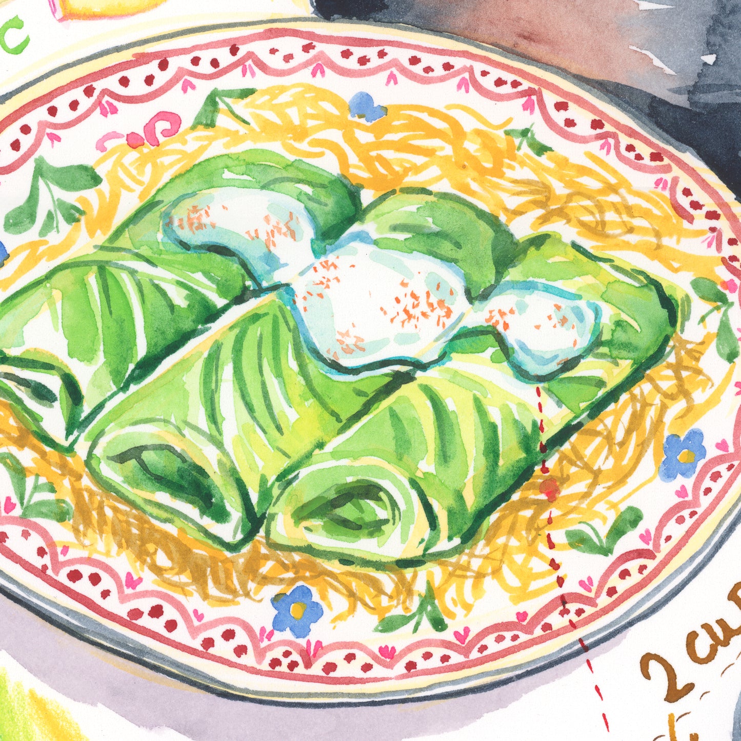 Hungarian Stuffed Cabbage Leaves recipe. Original watercolor painting