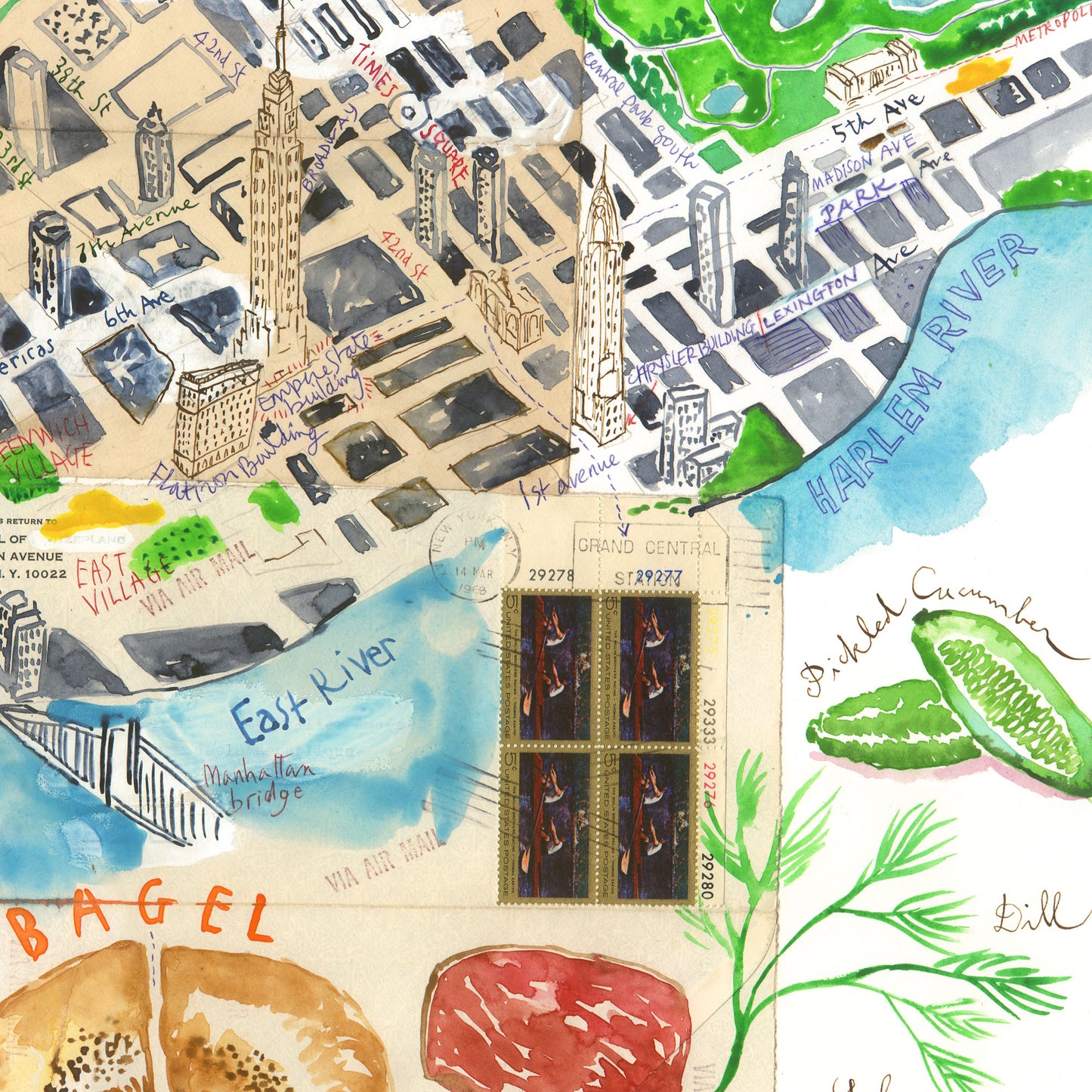 Manhattan watercolor map with bagel recipe