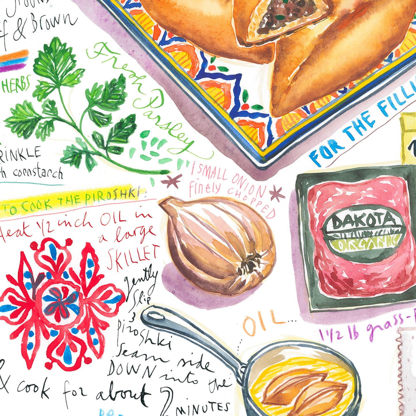 Beef & Cheese Piroshki recipe. Original watercolor painting