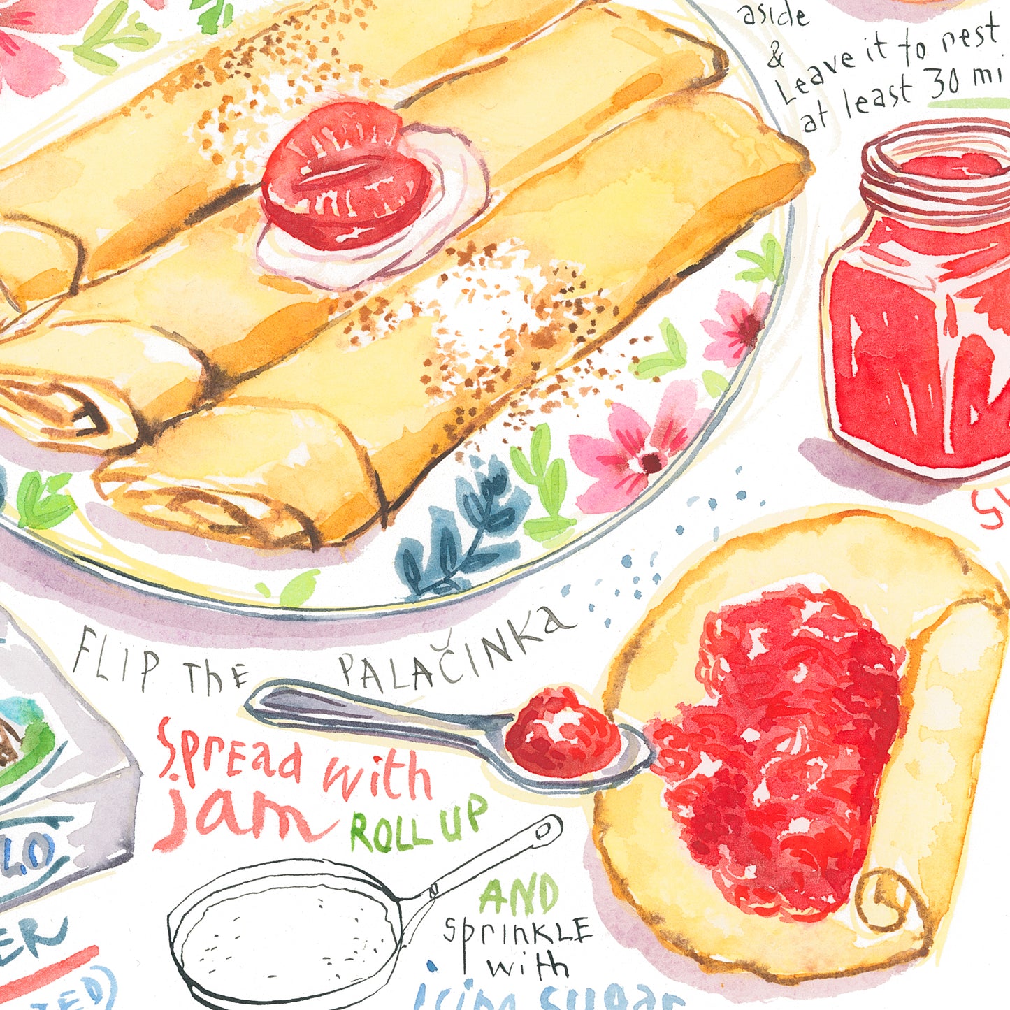 Czech Palacinky recipe. Original watercolor painting