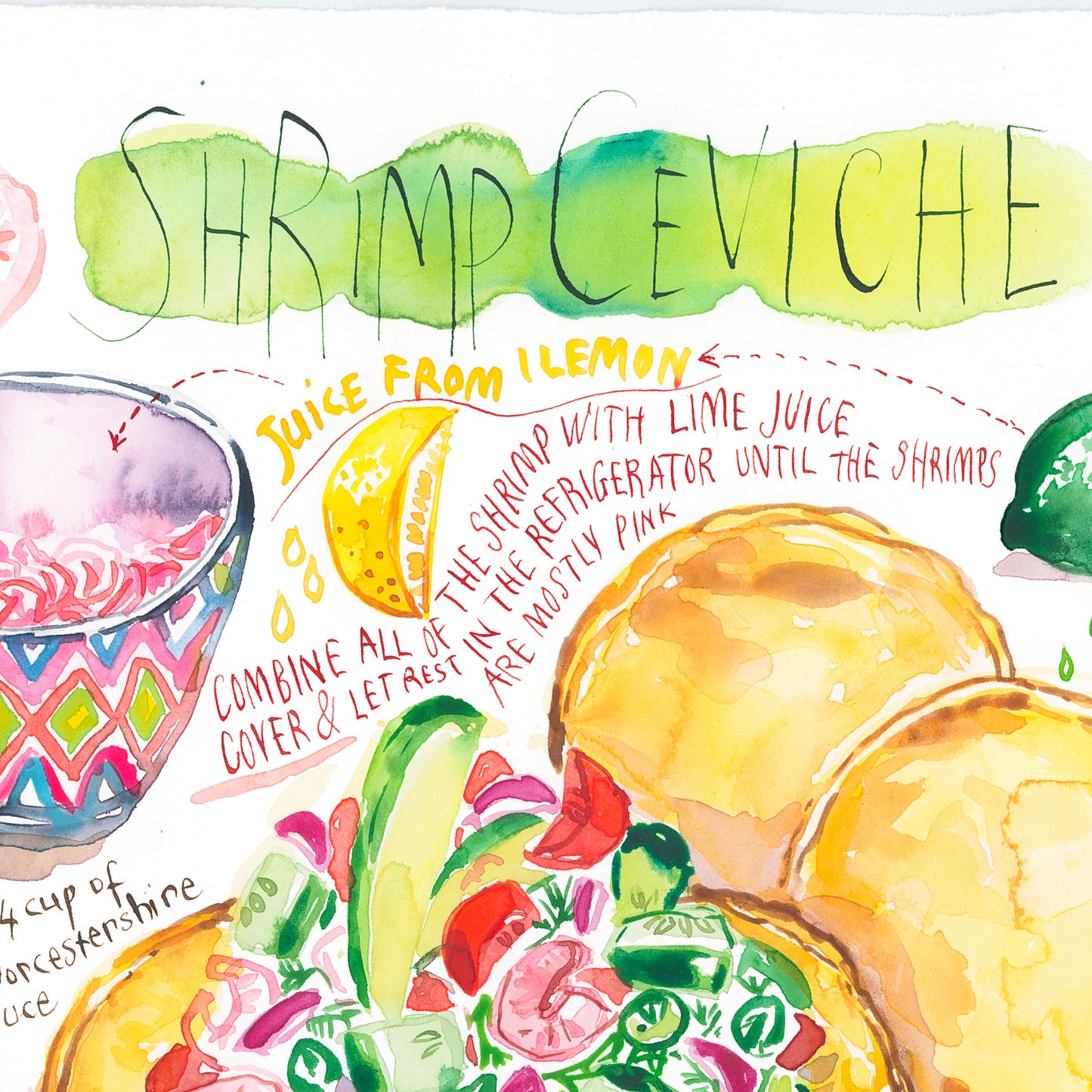 Ceviche recipe. Original watercolor painting