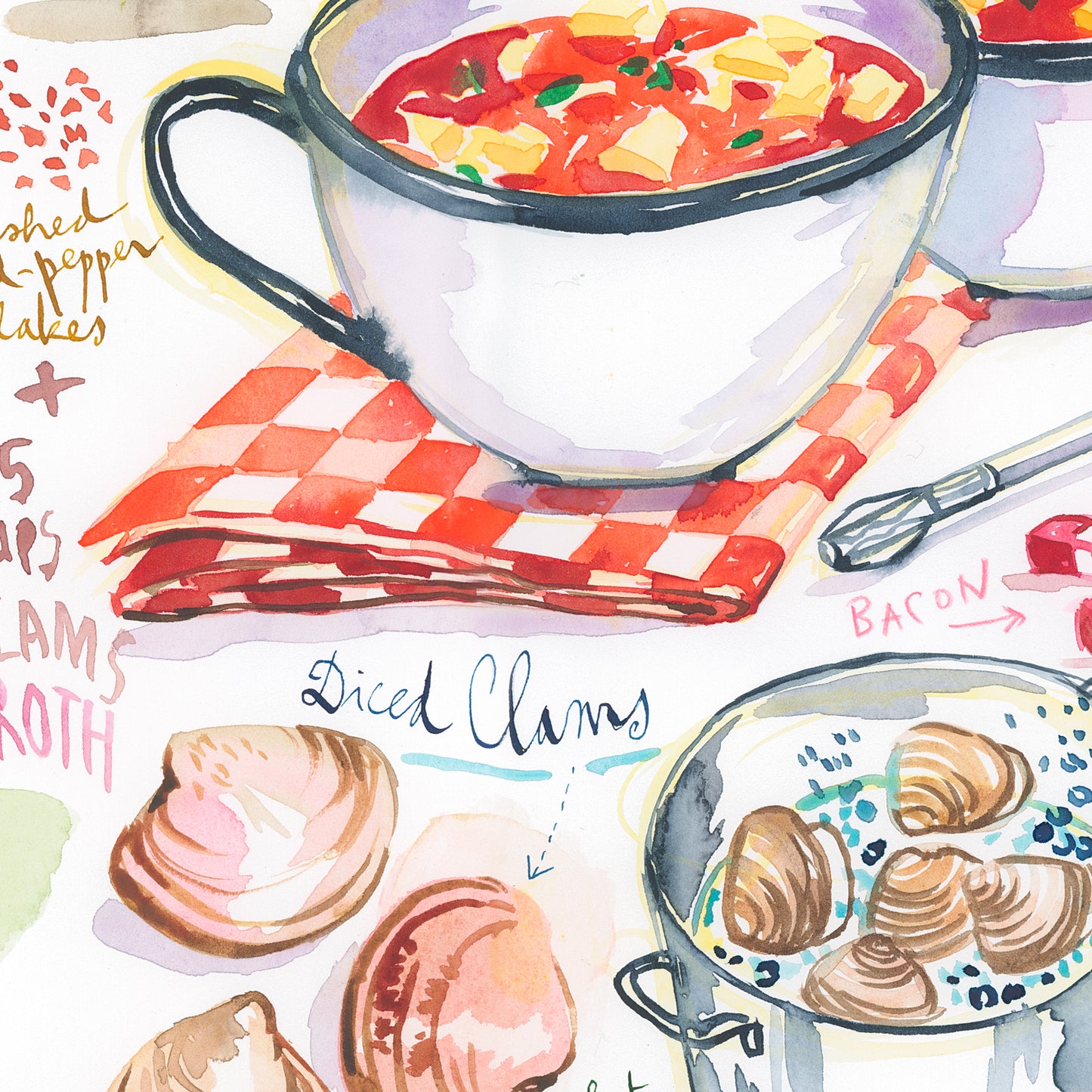 Manhattan Clam Chowder recipe. Original watercolor painting