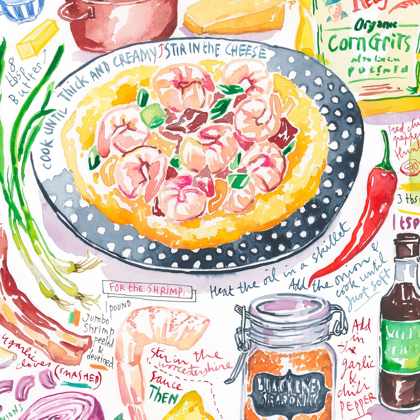 Shrimp and Grits recipe. Original watercolor painting