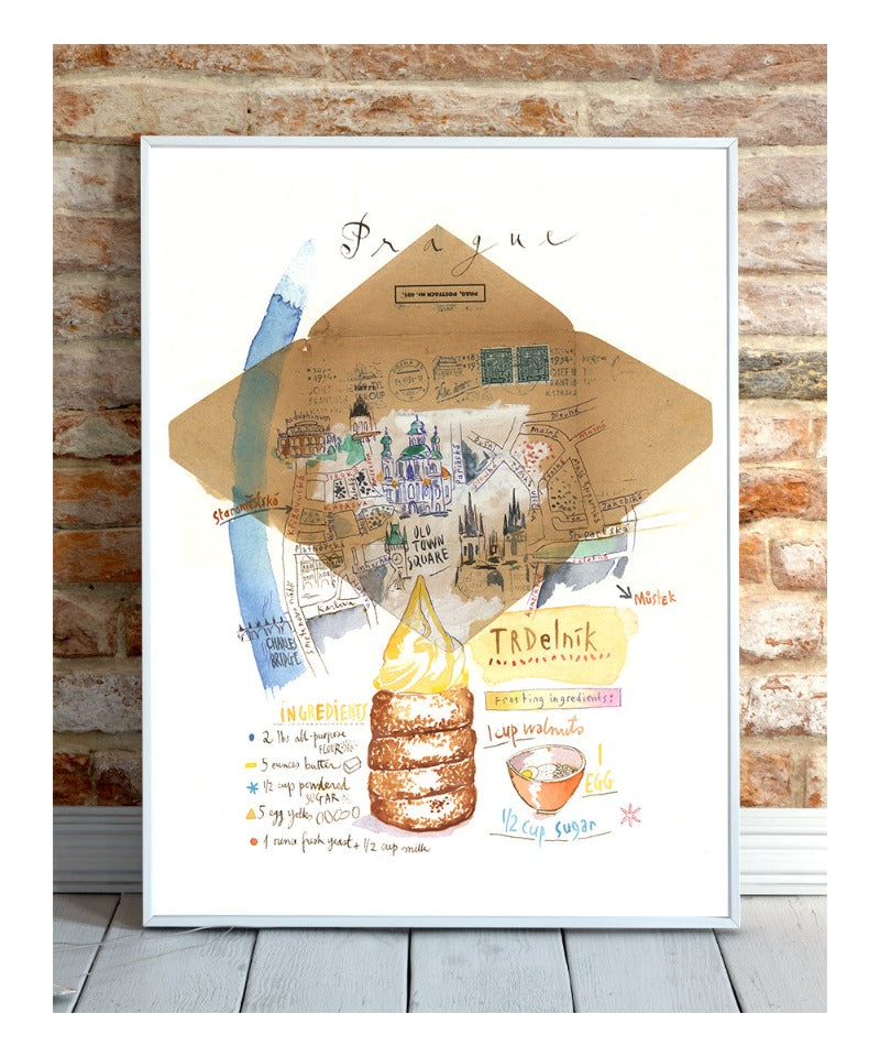 Trdelnik recipe on Prague illustrated map