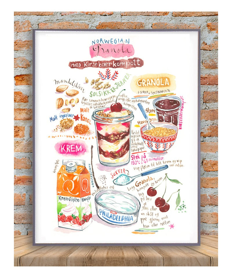 Norwegian Granola with Cherry Compote recipe poster - Granola med Kirsebaerkompott