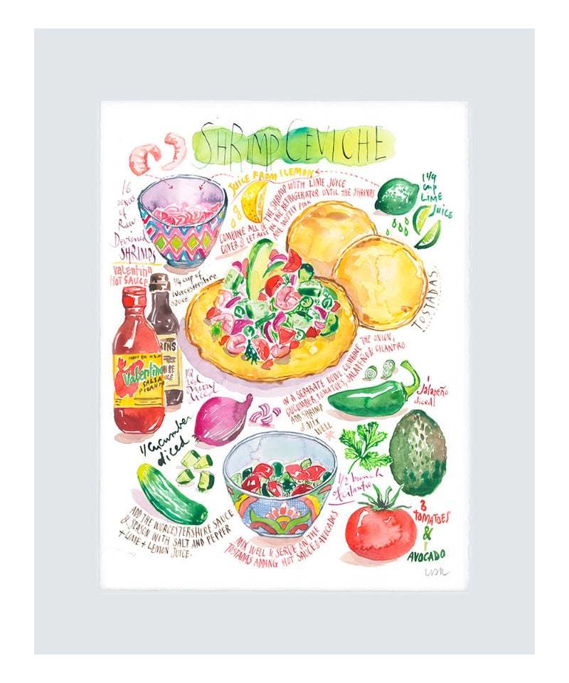 Shrimp Ceviche recipe. Original watercolor painting