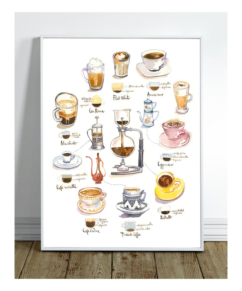 Coffee types poster and vintage coffee makers Watercolor kitchen print