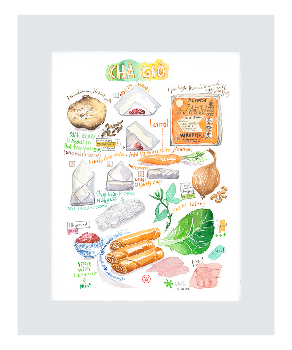 Vietnamese Egg rolls recipe original watercolor painting Cha Gio