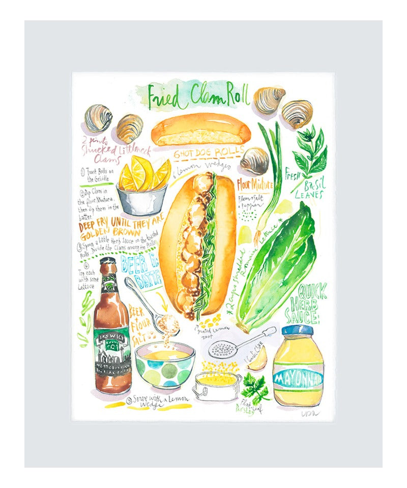 Fried Clam Roll recipe. Original watercolor painting