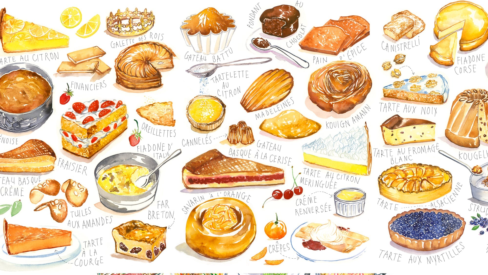a tasy collection of French cakes illustrated in watercolor