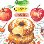 close-up image of an apple cider donut recipe fine art print in watercolor featuring the ingredients and the finished dessert, along with handwritten instructions in English.