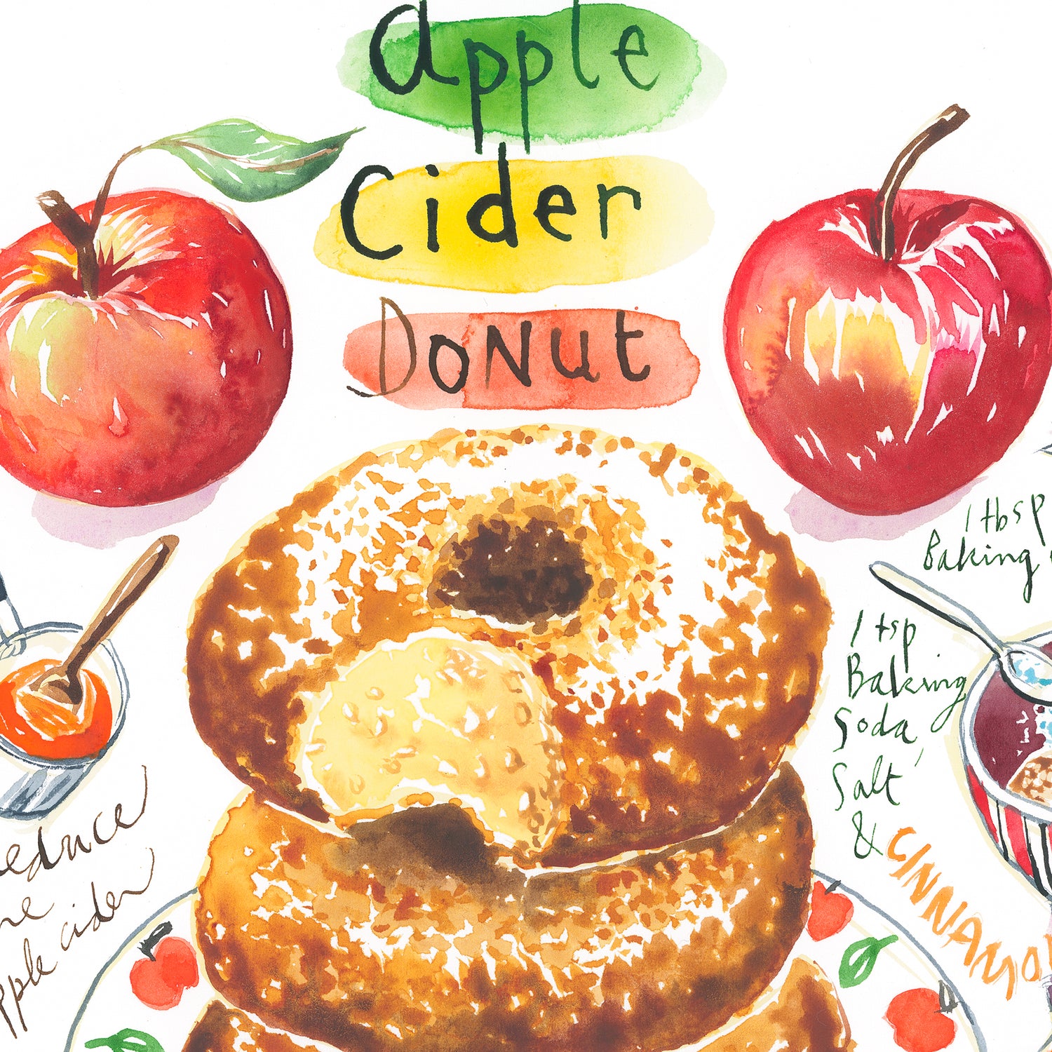 close-up image of an apple cider donut recipe fine art print in watercolor featuring the ingredients and the finished dessert, along with handwritten instructions in English.