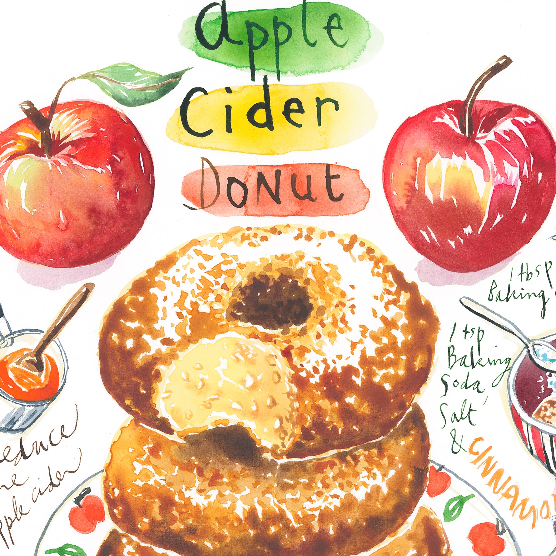 close-up image of an apple cider donut recipe fine art print in watercolor featuring the ingredients and the finished dessert, along with handwritten instructions in English.