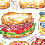 close-up image of BLT sandwich recipe fine art print in watercolor featuring the ingredients and the finished sandwich, along with step by step illustrations and handwritten instructions in English.