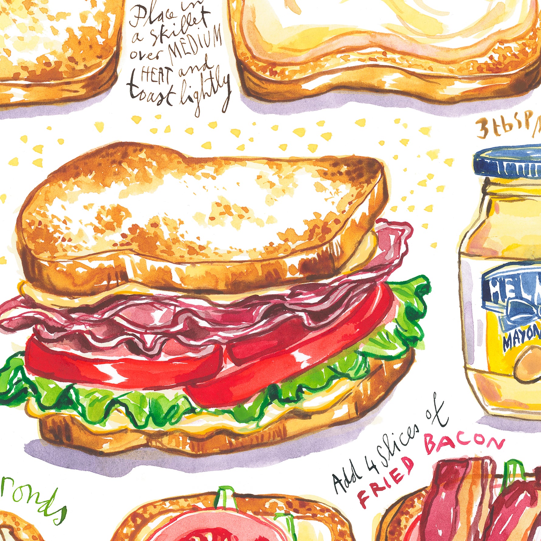 close-up image of BLT sandwich recipe fine art print in watercolor featuring the ingredients and the finished sandwich, along with step by step illustrations and handwritten instructions in English.