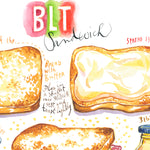close-up image of BLT sandwich recipe fine art print in watercolor featuring the ingredients and the finished sandwich, along with step by step illustrations and handwritten instructions in English.