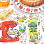 close-up image of an apple cider donut recipe fine art print in watercolor featuring the ingredients and the finished dessert, along with handwritten instructions in English.