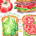 close-up image of BLT sandwich recipe fine art print in watercolor featuring the ingredients and the finished sandwich, along with step by step illustrations and handwritten instructions in English.