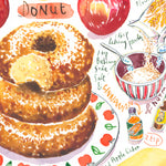close-up image of an apple cider donut recipe fine art print in watercolor featuring the ingredients and the finished dessert, along with handwritten instructions in English.