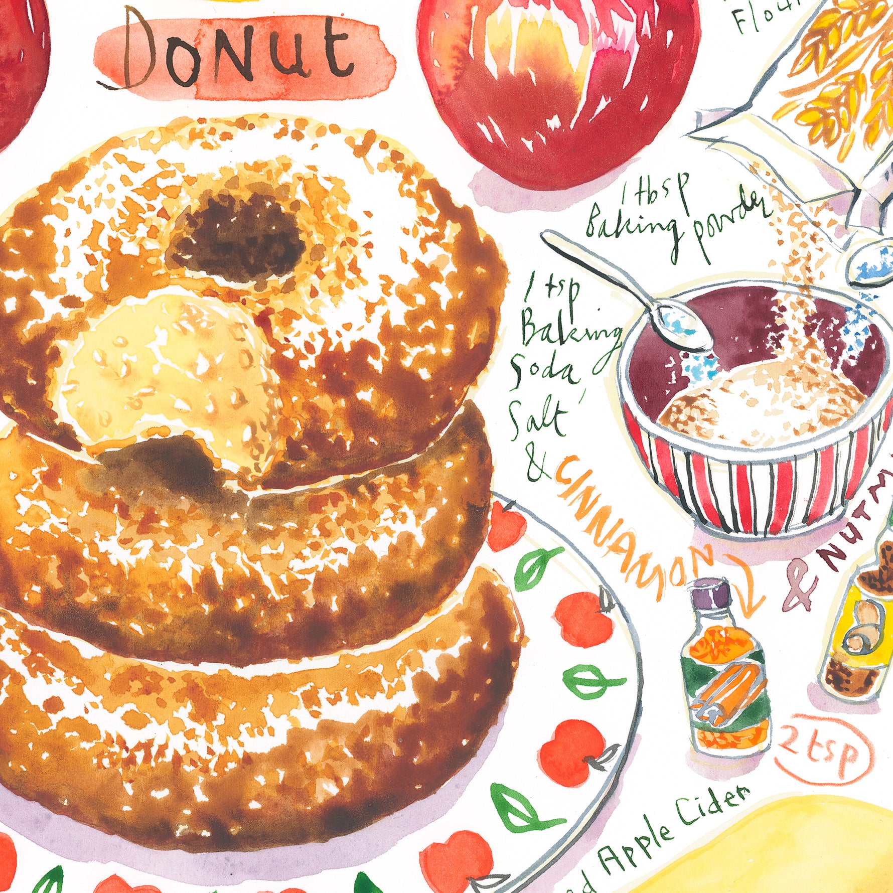 close-up image of an apple cider donut recipe fine art print in watercolor featuring the ingredients and the finished dessert, along with handwritten instructions in English.