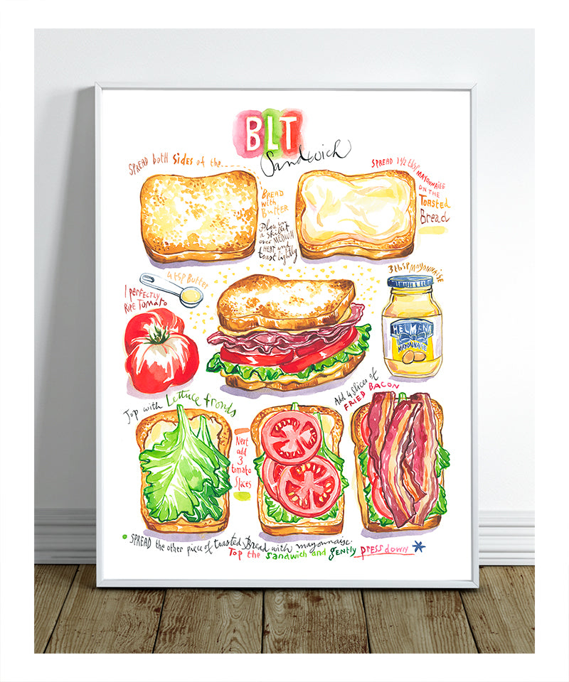 BLT sandwich recipe fine art print in watercolor featuring the ingredients and the finished sandwich, along with step by step illustrations and handwritten instructions in English.