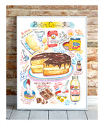Boston cream pie recipe fine art print in watercolor featuring the ingredients and the finished cake, along with handwritten instructions in English.