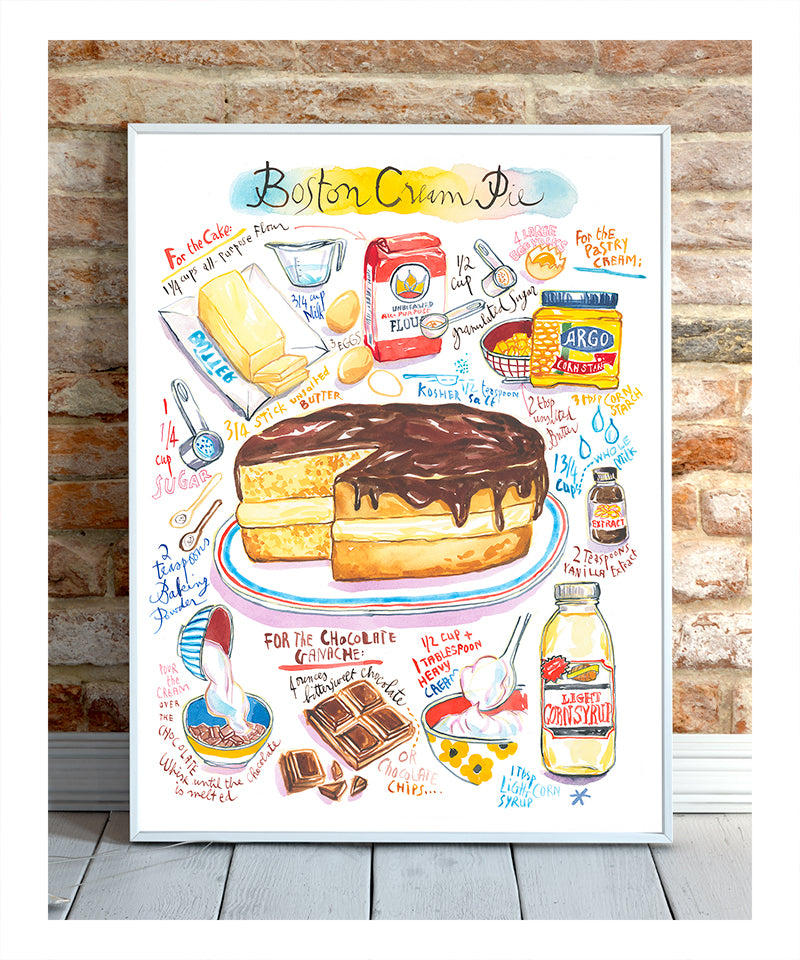 Boston cream pie recipe fine art print in watercolor featuring the ingredients and the finished cake, along with handwritten instructions in English.