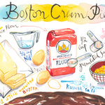 close-up image of Boston cream pie recipe fine art print in watercolor featuring the ingredients and the finished cake, along with handwritten instructions in English.