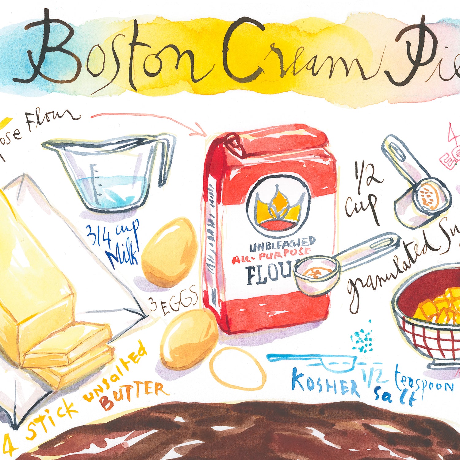 close-up image of Boston cream pie recipe fine art print in watercolor featuring the ingredients and the finished cake, along with handwritten instructions in English.
