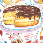 close-up image of Boston cream pie recipe fine art print in watercolor featuring the ingredients and the finished cake, along with handwritten instructions in English.