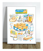 butterscotch krimpets recipe fine art print in watercolor featuring the ingredients and a plate of cookies, along with handwritten instructions in English.