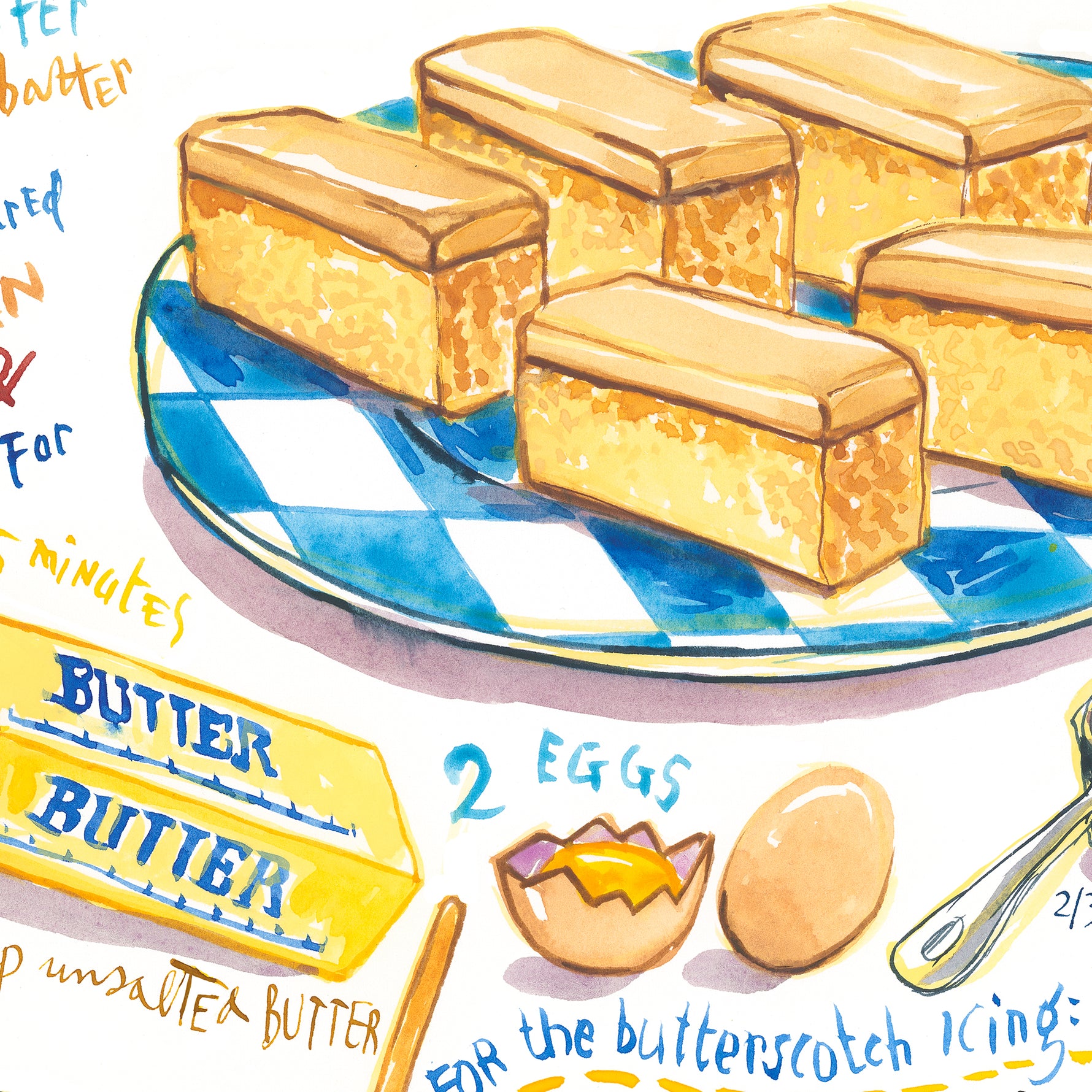 close-up image of butterscotch krimpets recipe fine art print in watercolor featuring the ingredients and a plate of cookies, along with handwritten instructions in English.