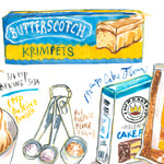 close-up image of butterscotch krimpets recipe fine art print in watercolor featuring the ingredients and a plate of cookies, along with handwritten instructions in English.