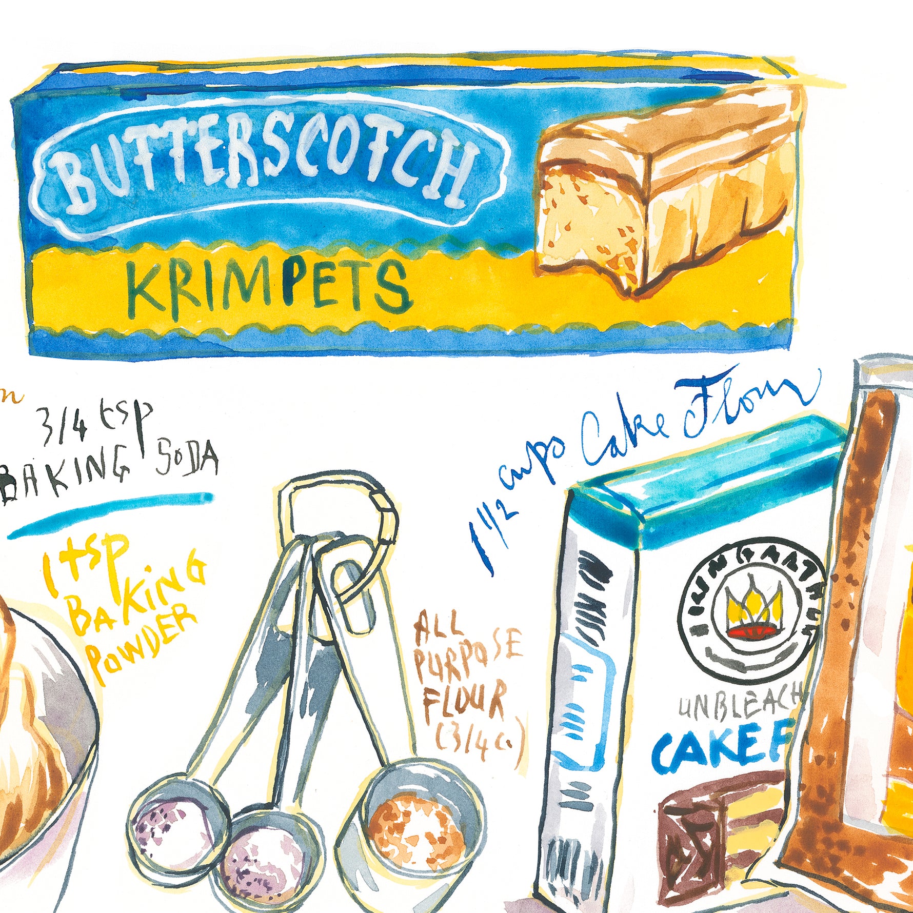 close-up image of butterscotch krimpets recipe fine art print in watercolor featuring the ingredients and a plate of cookies, along with handwritten instructions in English.