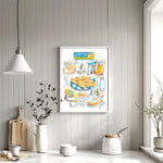 butterscotch krimpets recipe fine art print in watercolor featuring the ingredients and a plate of cookies, along with handwritten instructions in English. The framed poster hanging in a kitchen space.
